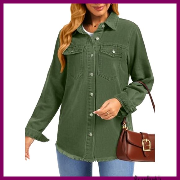 Oversized Distressed Denim Jacket Women's Button Shacket Casual Vintage - Picture 6 of 6